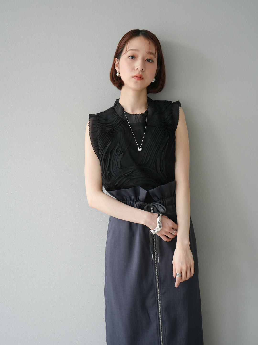 [SET]チュールジャガードノースリブラウス+ヘザーエステルギャザージップスカート(2set)