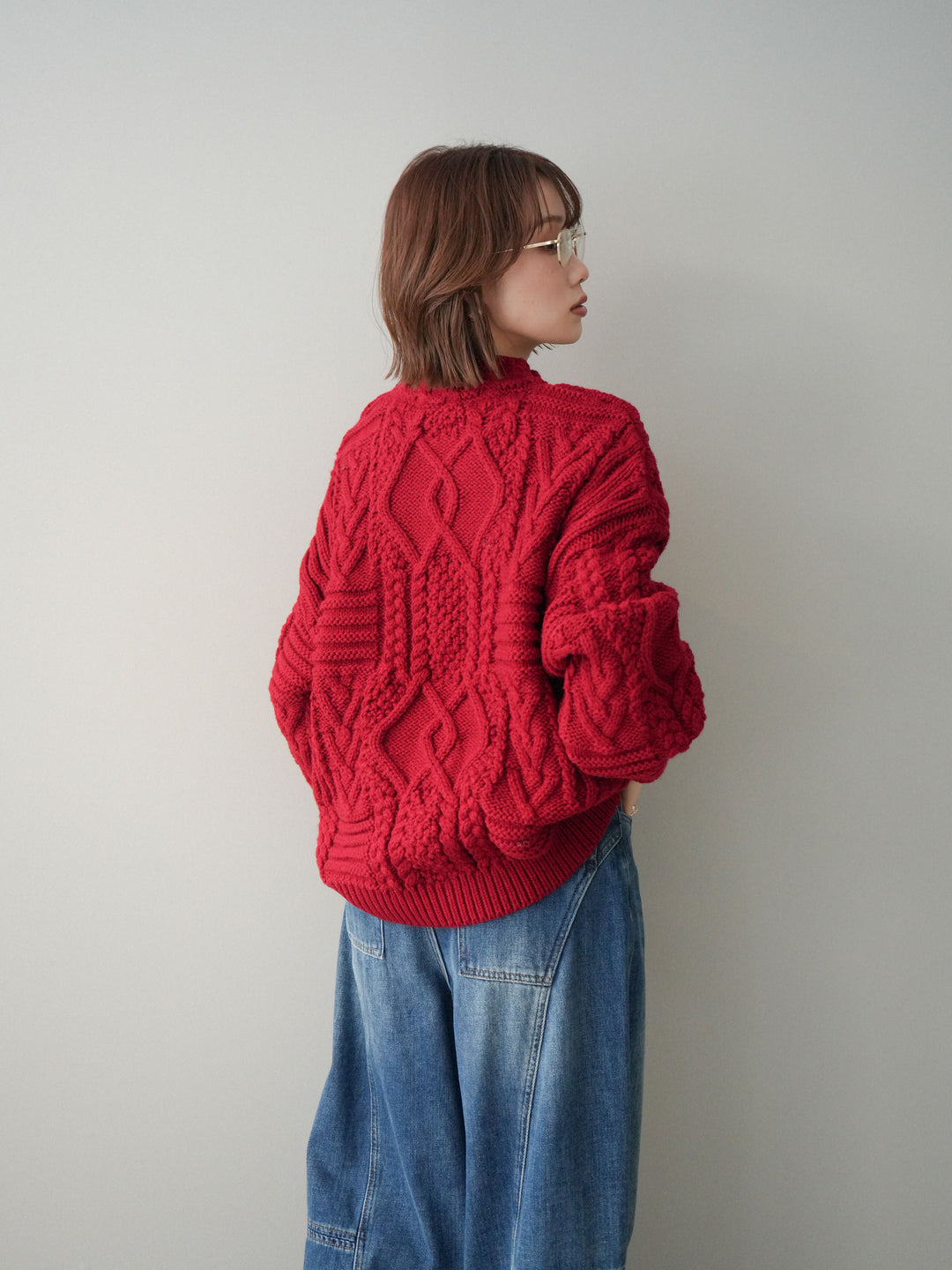 [予約]ケーブル編みモックネックニットプルオーバー/red