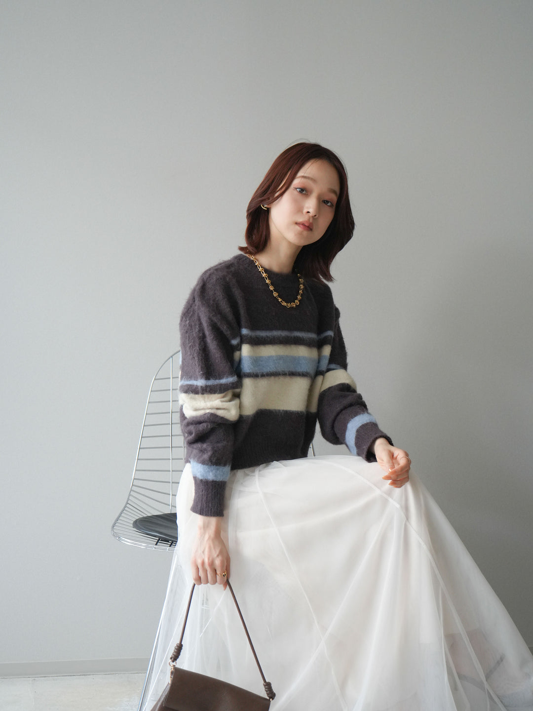 [SET]ソフトタッチボーダークロップドニットプルオーバー+チュールボリュームスカート(2set)