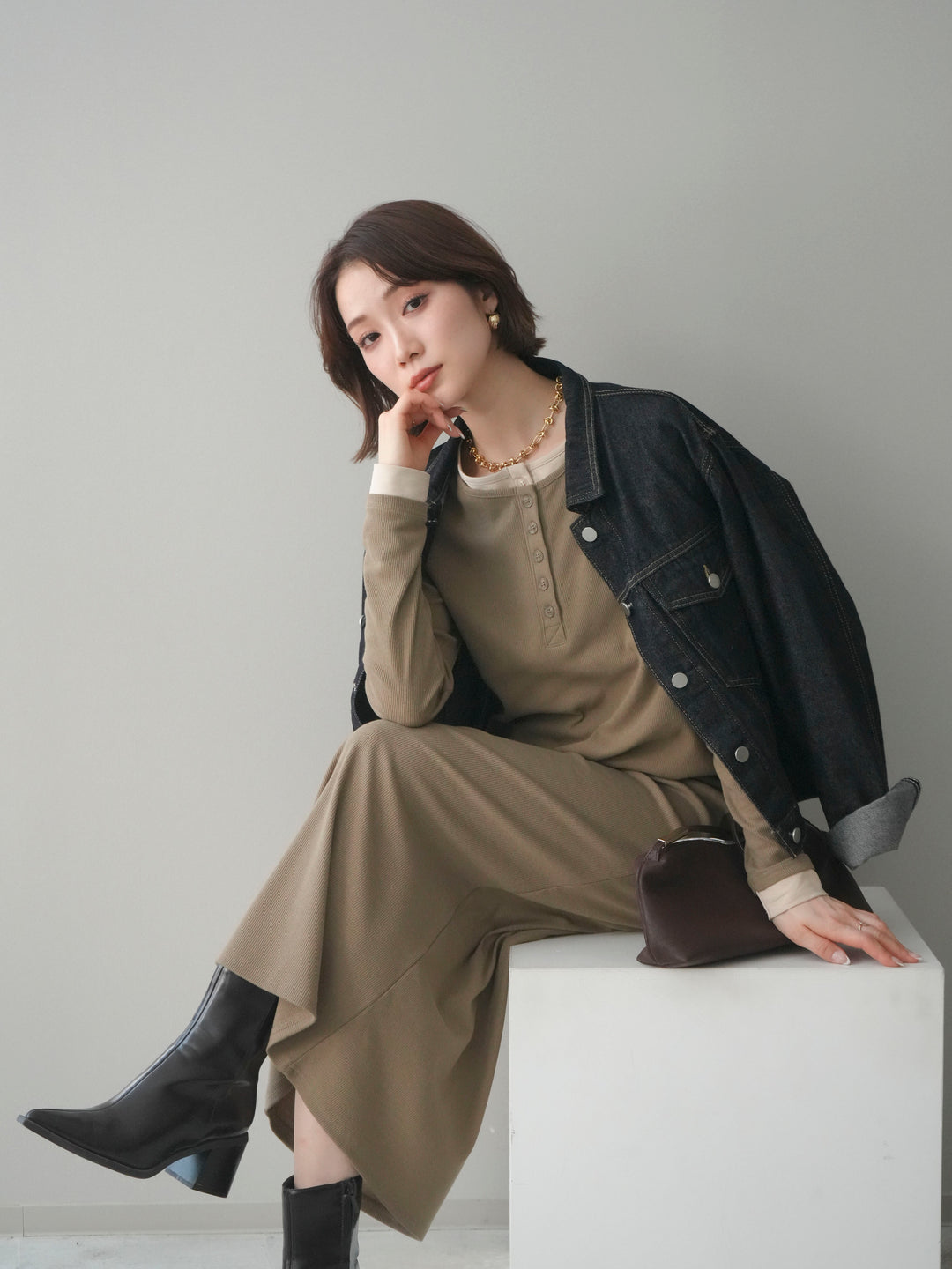 [予約]配色レイヤードヘンリーネックカットリブワンピース/mocha