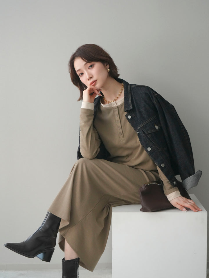 [予約]配色レイヤードヘンリーネックカットリブワンピース/mocha