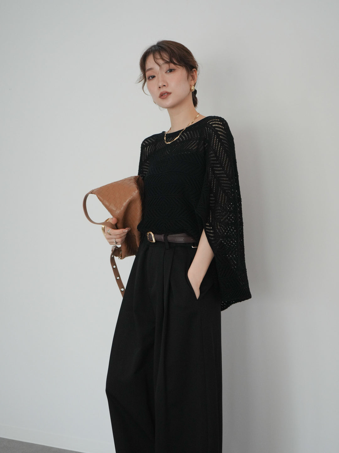 [予約]シアーポンチョニットトップス/black