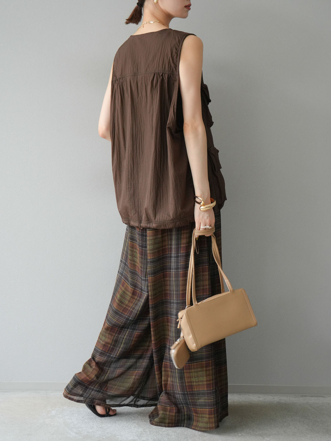 [預購] 透視格紋寬鬆褲/棕色