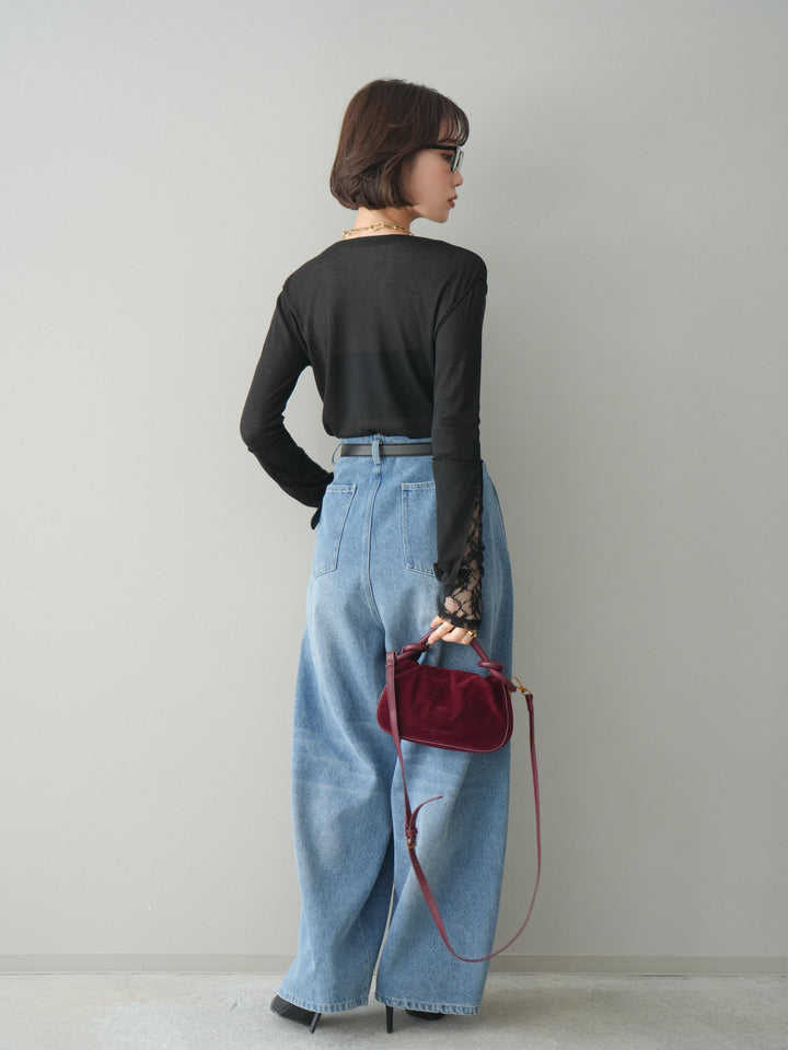 [SET]袖レースレイヤードデザインメロートップス+ハイウエストベルトループデザインデニムパンツ(2set)