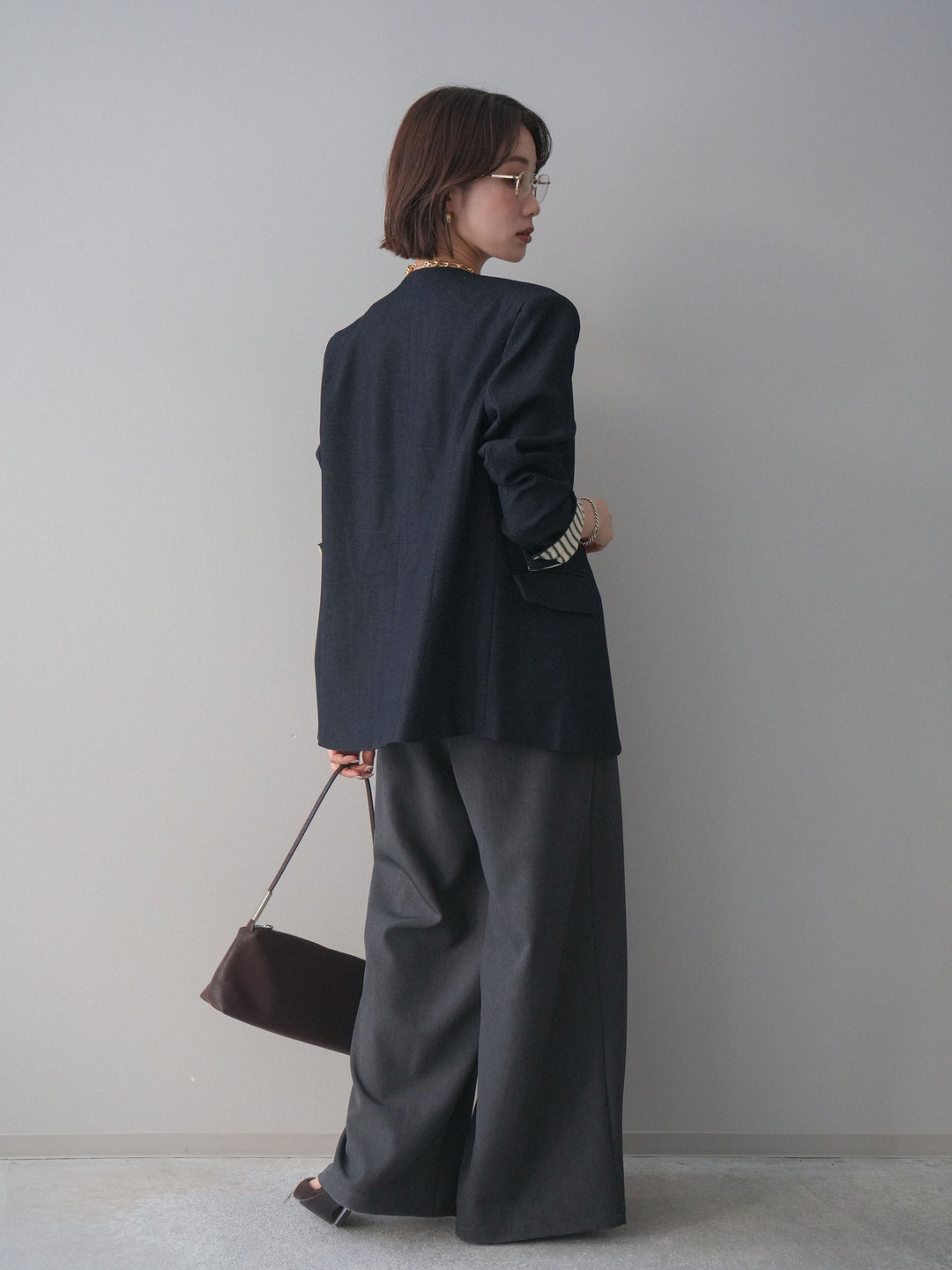 [SET]ノーカラージャケット+サテンベルトタックワイドパンツ(2set)