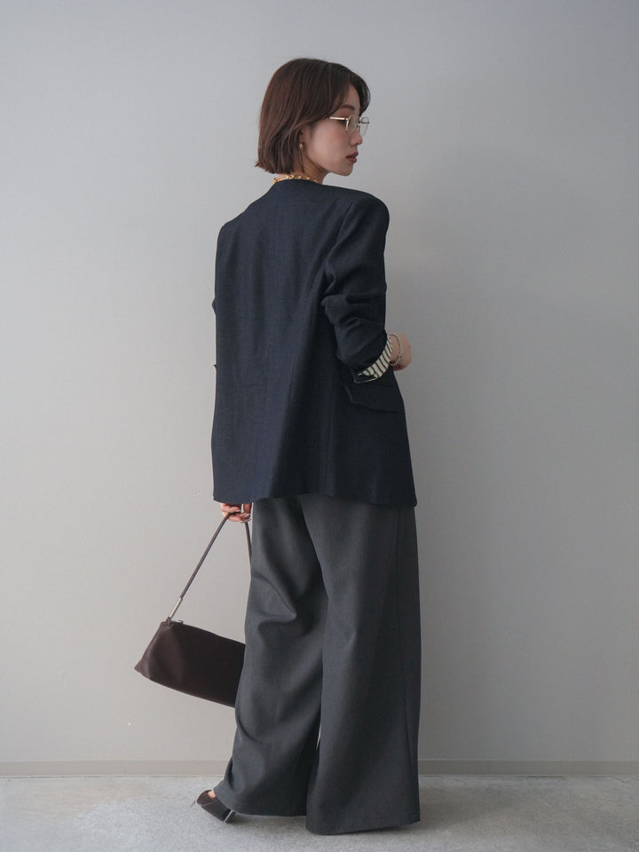 [SET]ノーカラージャケット+サテンベルトタックワイドパンツ(2set)