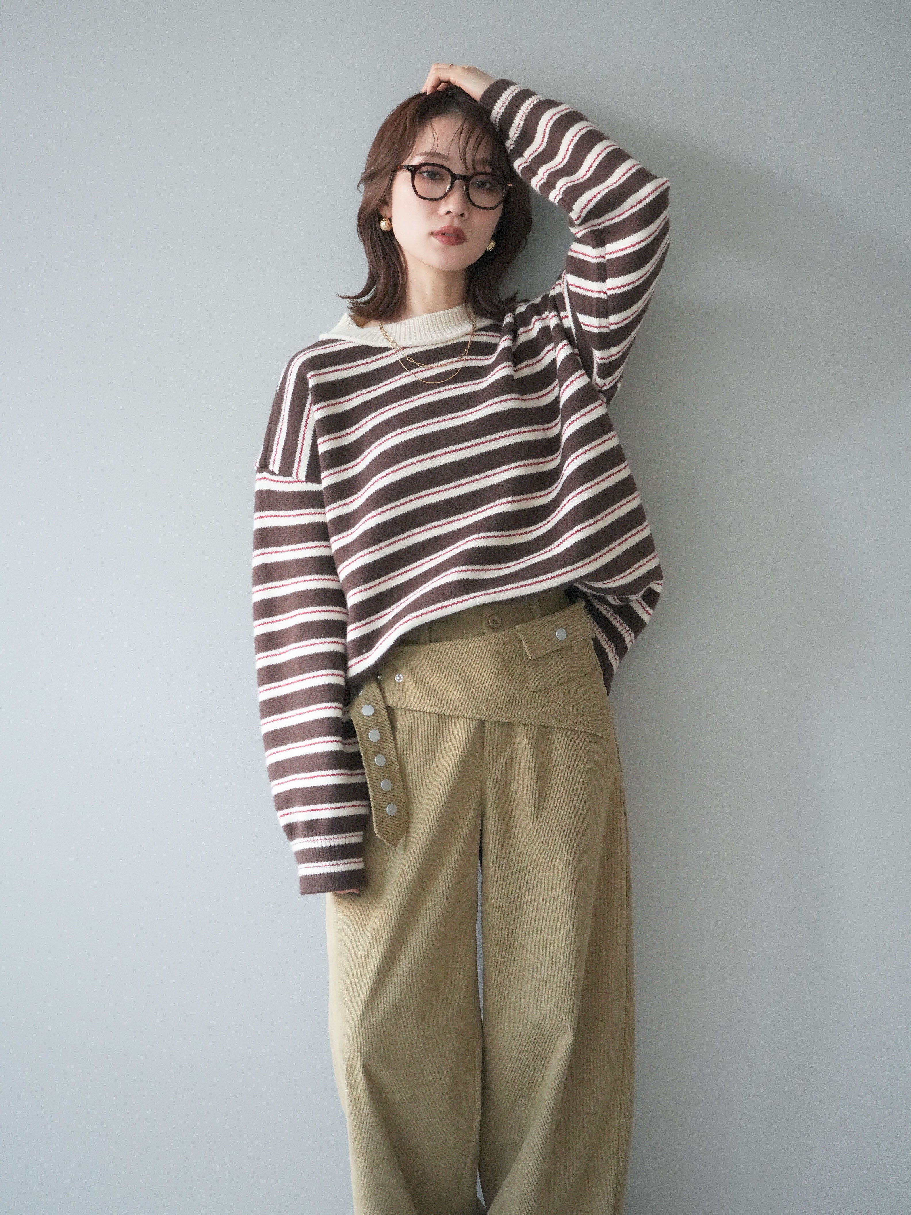 予約]モックネックボーダーニットプルオーバー/brown – Lumier