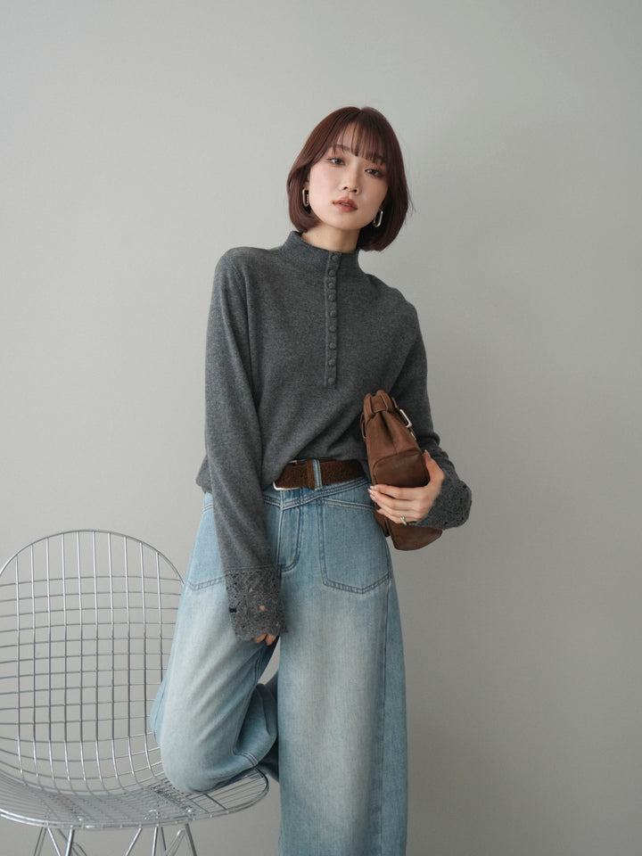 [予約]袖スカラップレースフロントボタンウールニットトップス/gray