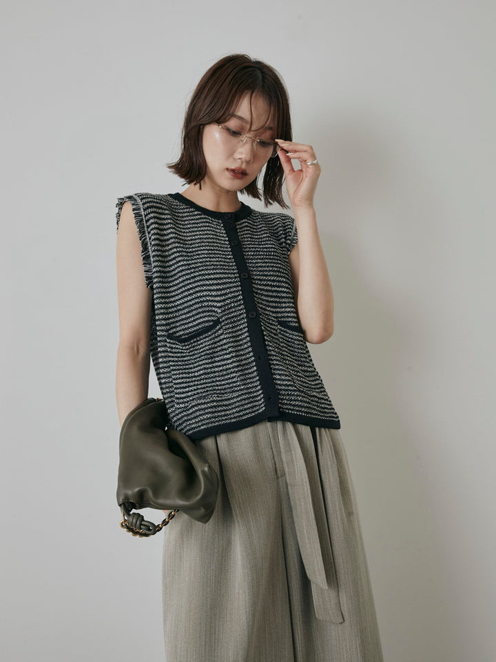 [予約]ボーダー袖フリンジニットベスト/ブラック