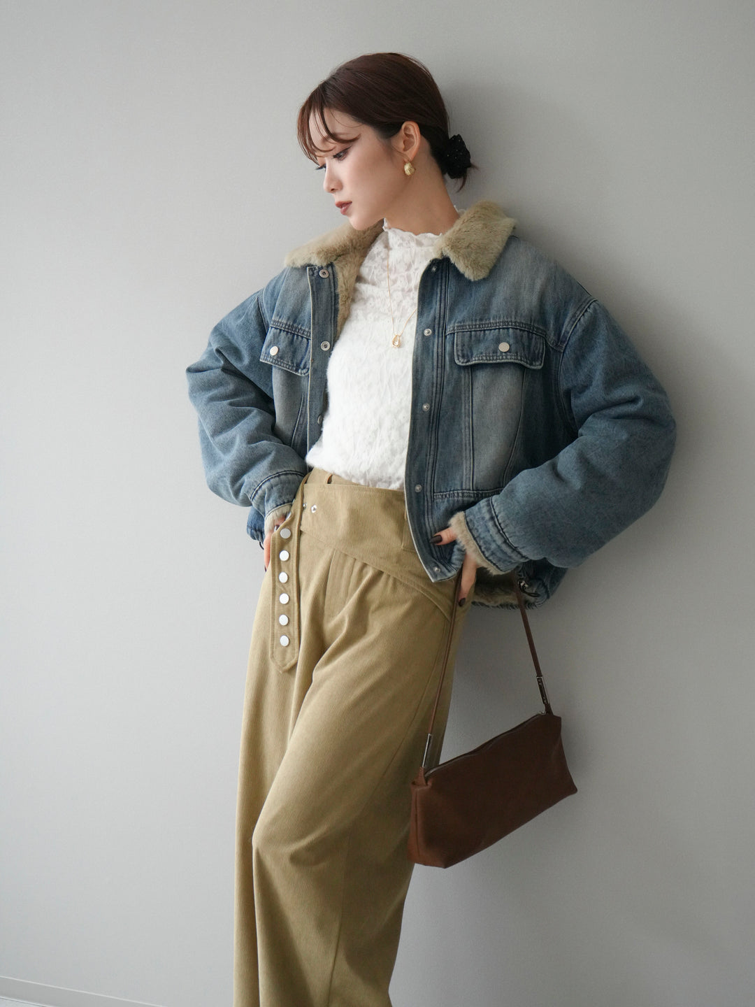 [予約]デニム×ファーステンカラーショートジャケット/lightblue