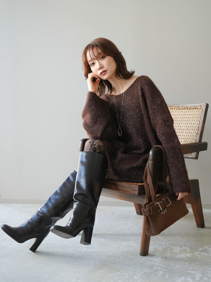 [予約]スパンコールミニシャギーニットチュニック/brown