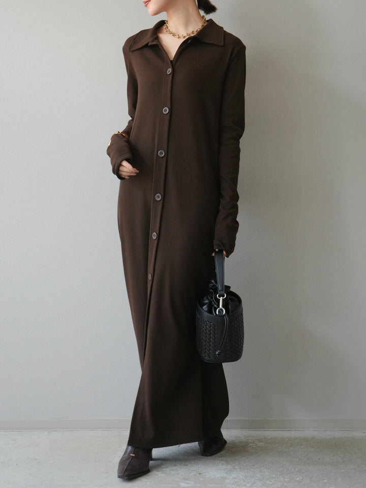[予約]襟付きカットリブボタンワンピース/ブラウン