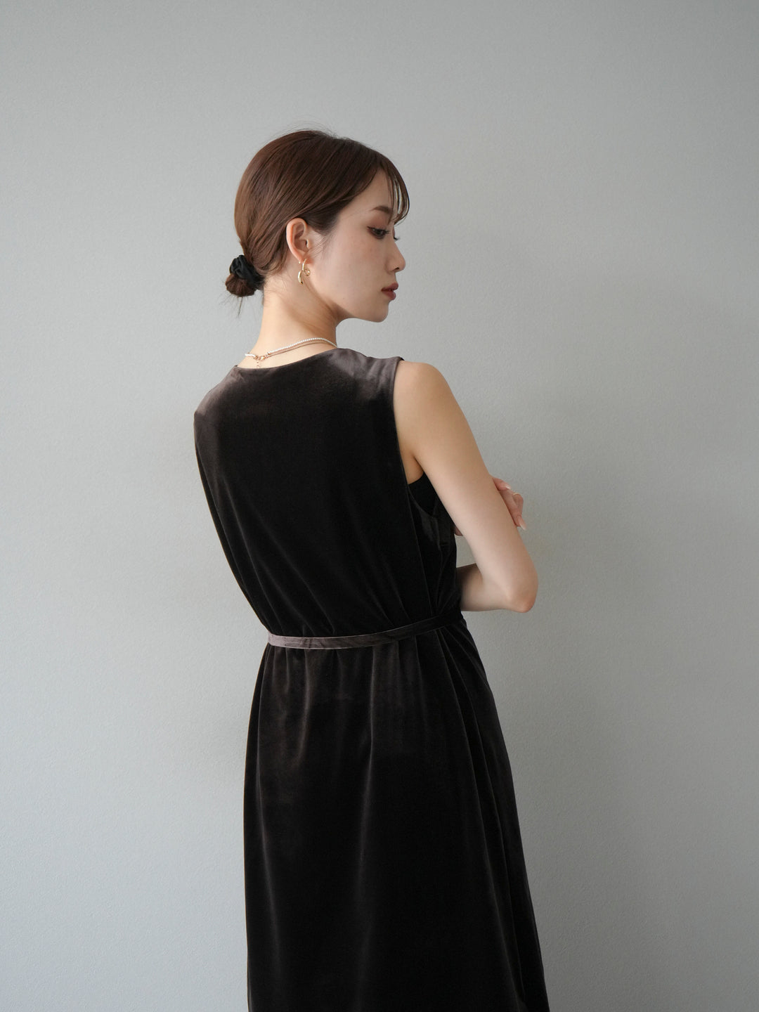 [予約]裾コットンレースベロアワンピース/ブラウン