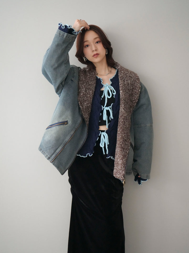 [SET]ミックスボアデニムジャケット+フロントリボン配色メローニットカーディガン(2set)