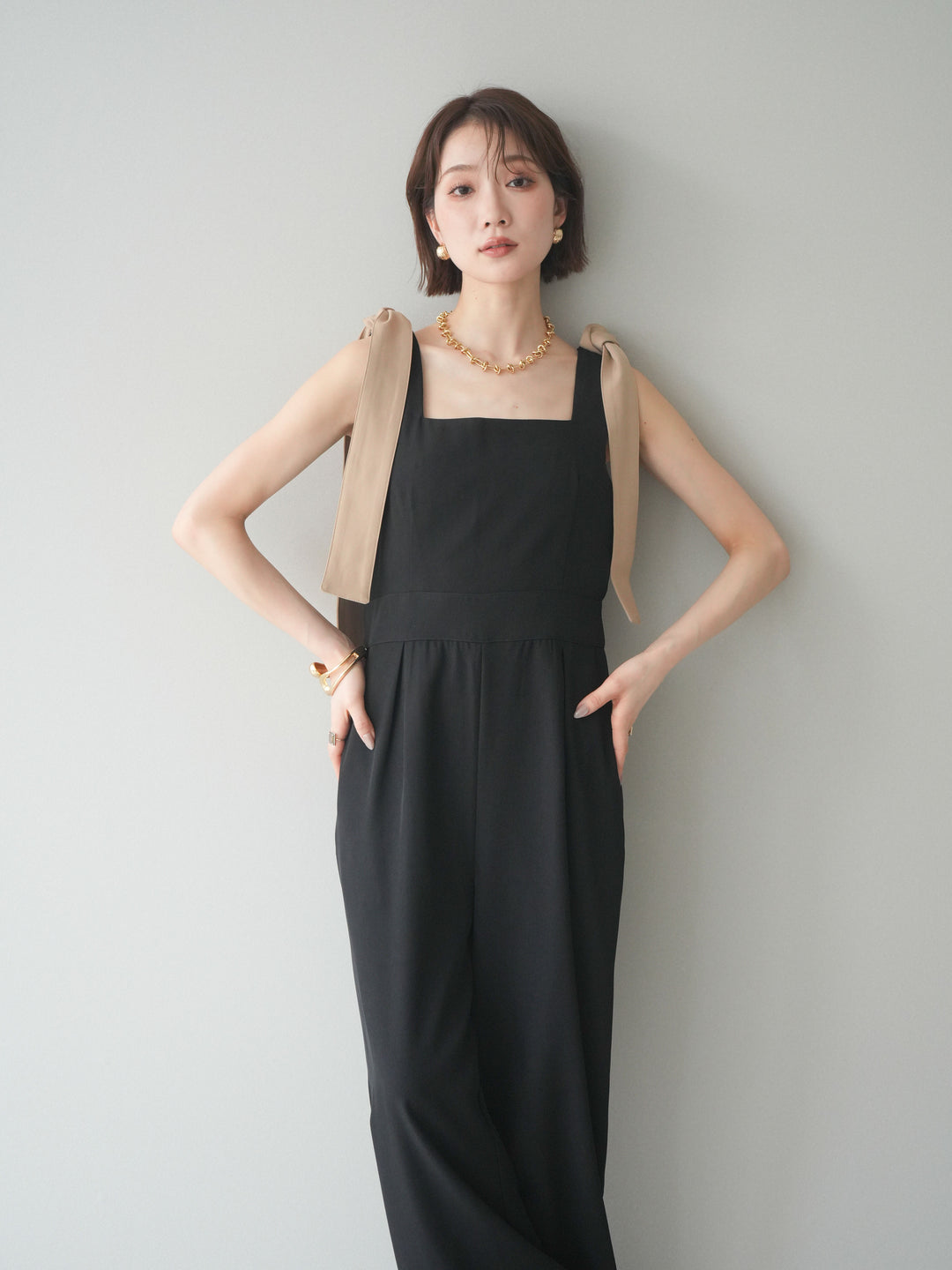 [予約]ショルダーリボンサロペット/black