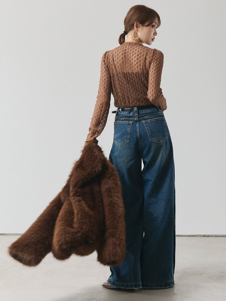 【Allure】[SET]フラワーレーストップス+フェイクファービックカラージャケット(2set)