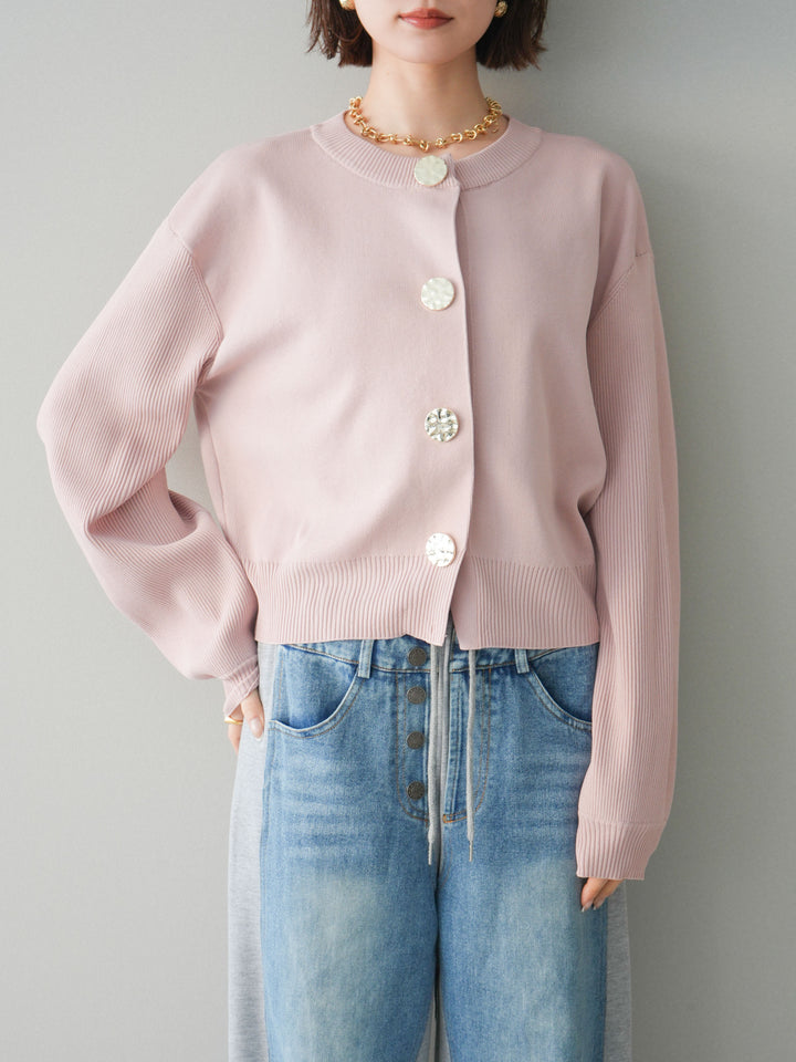 [SET]メタルボタンクルーネックニットカーディガン+デニム切替スウェットパンツ(2set)