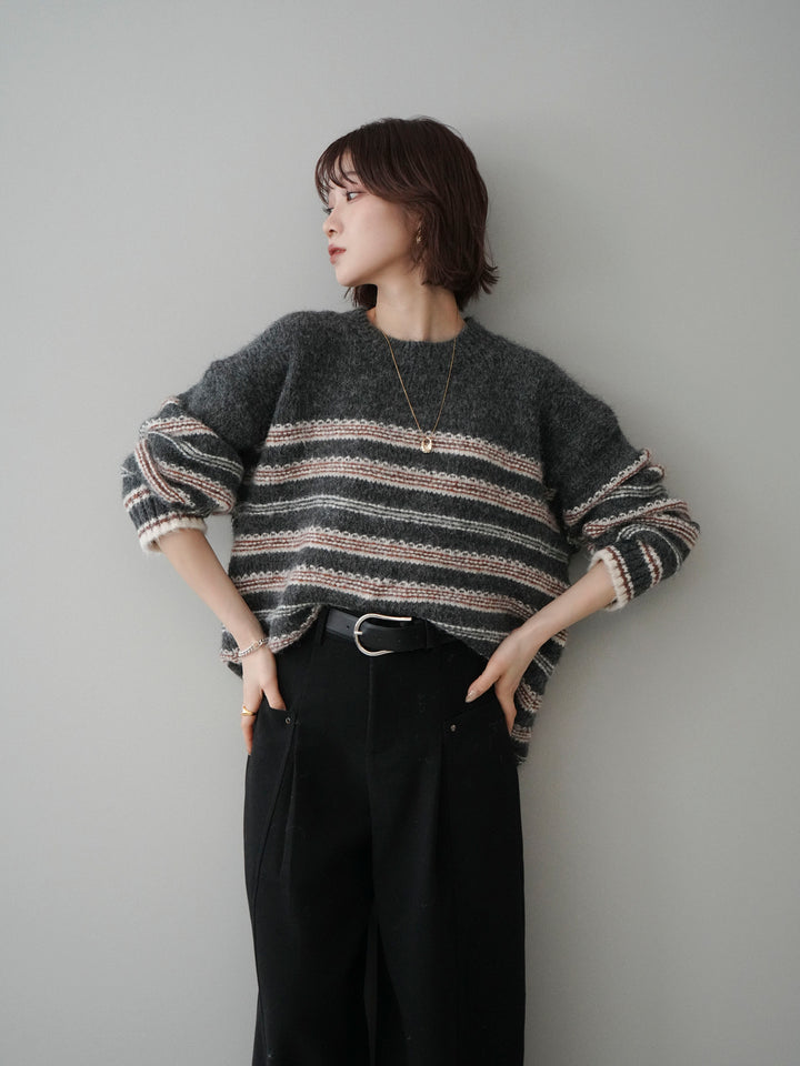 [予約]ステッチボーダーニットプルオーバー/gray