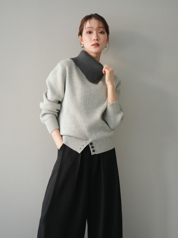 [予約]デザインネックバイカラーニットプルオーバー/gray