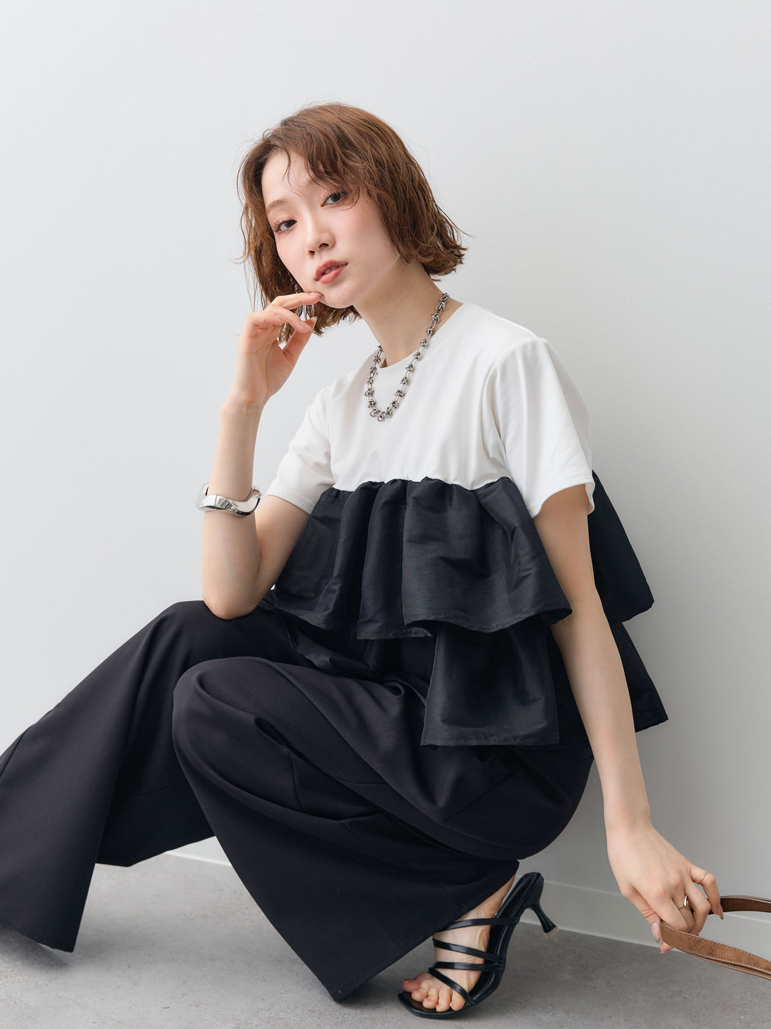 [SET]フリルティアードTEE+クレープデシンタックワイドパンツ(2set)