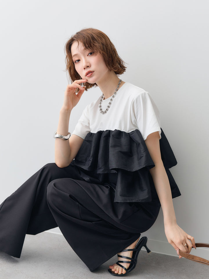 [SET]フリルティアードTEE+クレープデシンタックワイドパンツ(2set)