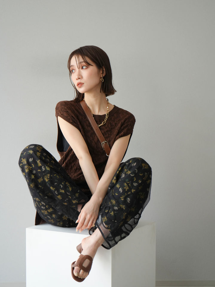 [SET]ポコポコノースリーブニットプルオーバー+コード刺繍チュールレイヤードパンツ(2set)