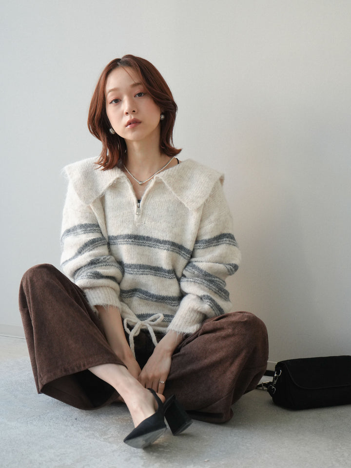 [SET]ハーフジップボーダーニットプルオーバー+コーデュロイサイドタックコクーンパンツ(2set)