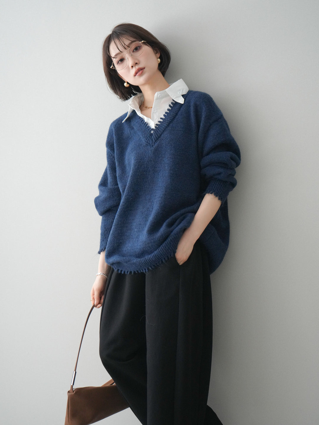 [予約]シャツドッキングVネックフリンジニットプルオーバー/navy