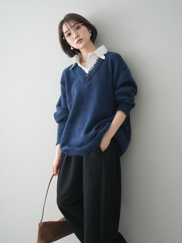 [予約]シャツドッキングVネックフリンジニットプルオーバー/navy