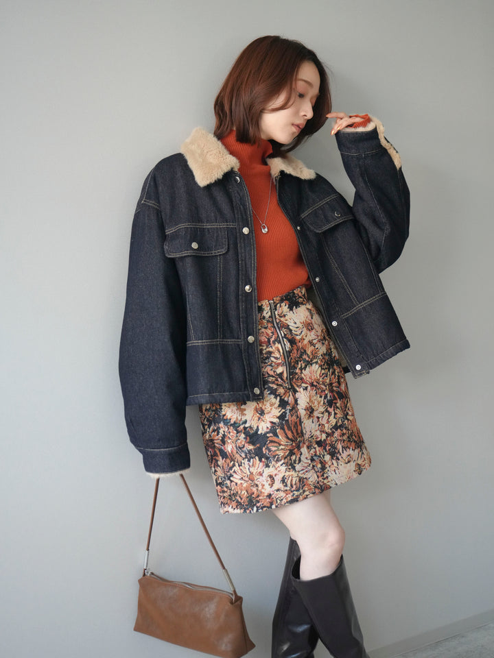 [予約]デニム×ファーステンカラーショートジャケット/indigo