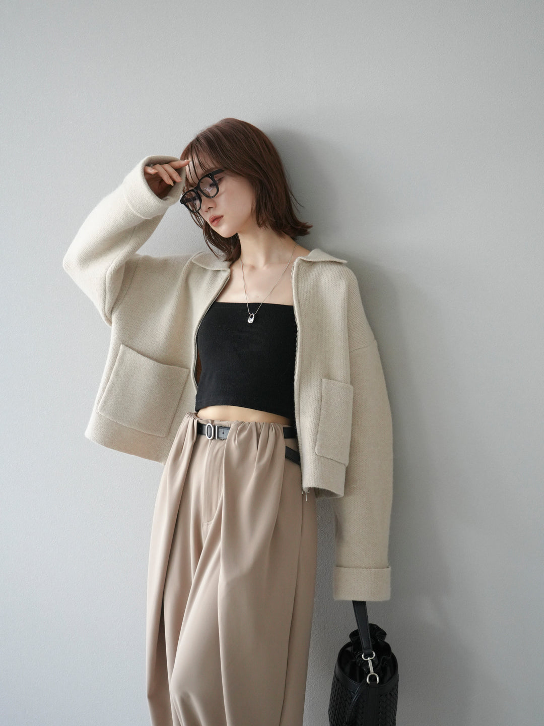 [予約]ポロ襟ジップニットカーディガン/アイボリー