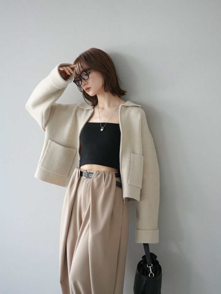 [予約]ポロ襟ジップニットカーディガン/アイボリー