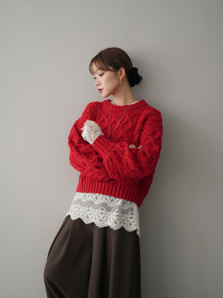[予約]バルキーケーブルクロップドニットプルオーバー/red