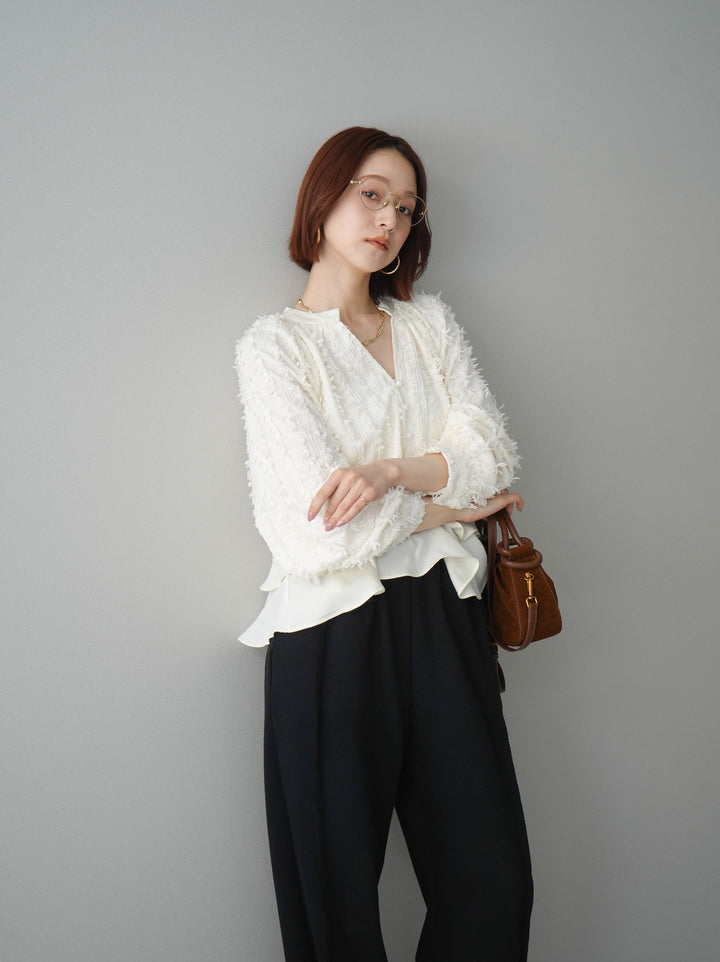 [SET]ジャガードぺプラムフリルブラウス+2WAYデザインスウェットパンツ(2set)