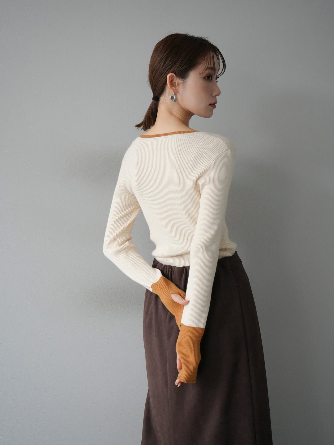 [3]ヘンリーネック配色リブニットトップス/アイボリー