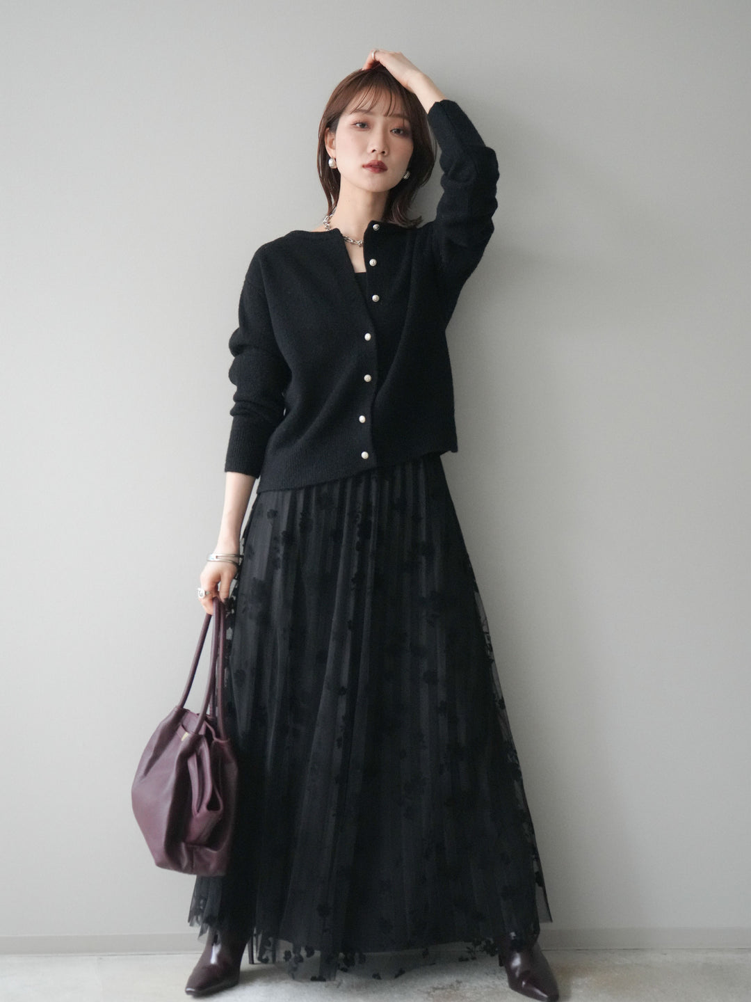 [SET]アンティークボタンニットカーディガン+フラワーフロッキーチュールプリーツスカート(2set)