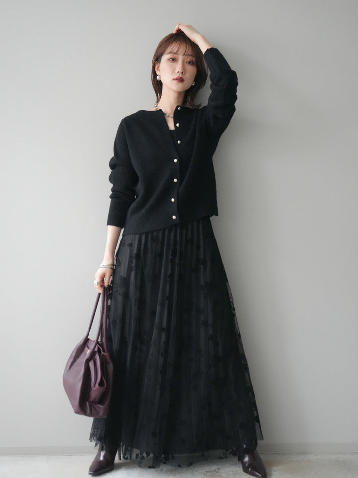 [SET]アンティークボタンニットカーディガン+フラワーフロッキーチュールプリーツスカート(2set)