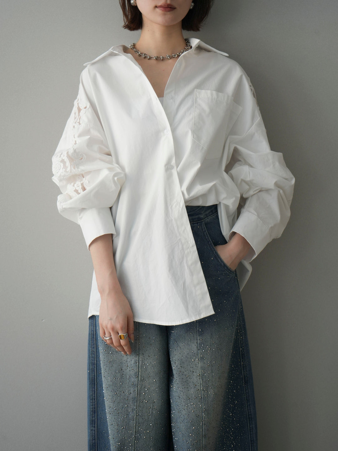 [SET]アームレースブロードシャツ+フロントビジューカーブデニムパンツ(2set)