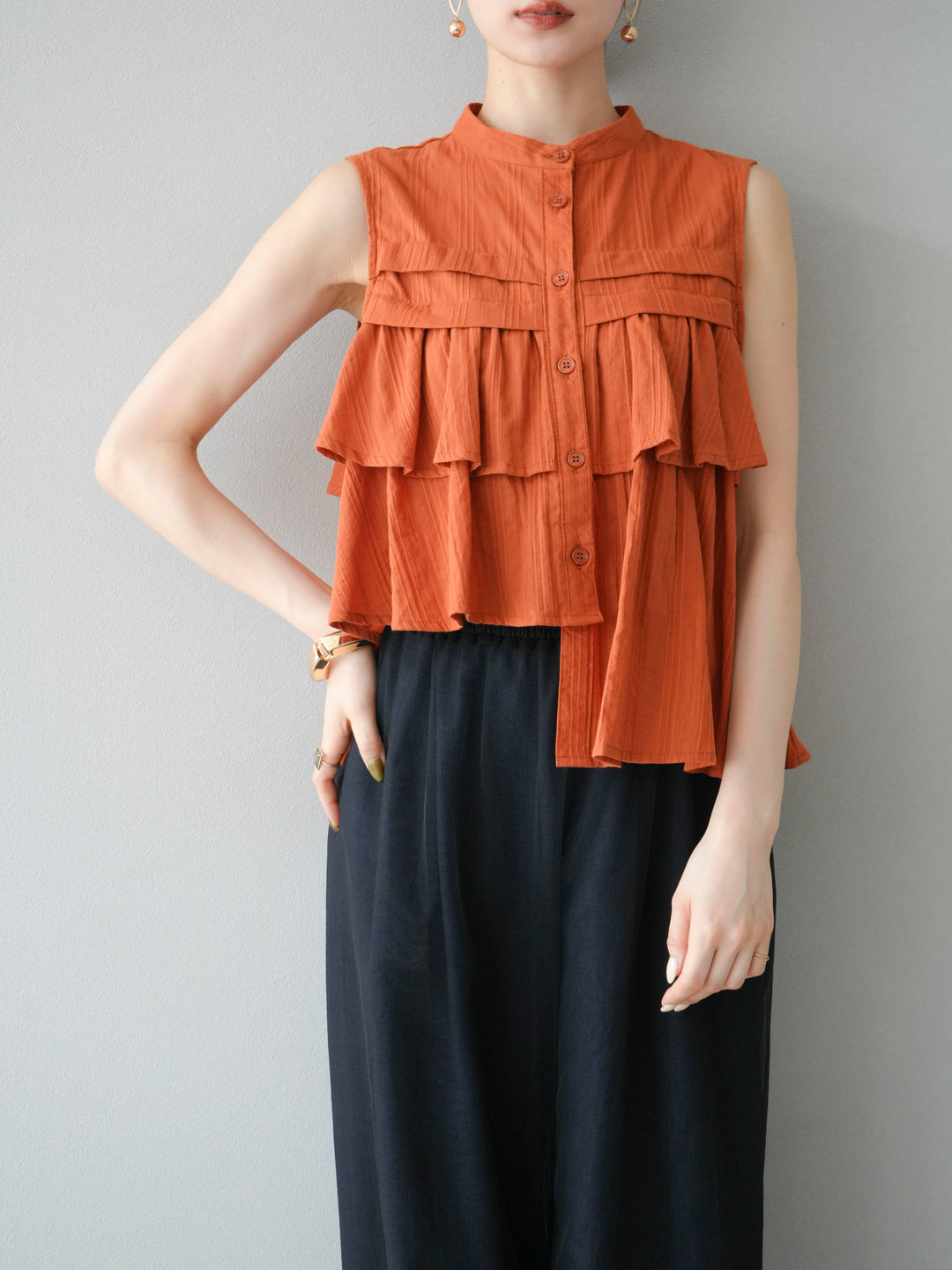 [SET]ドビーストライプアシンメトリーフリルノースリブラウス+リネンライクイージーワイドパンツ(2set)