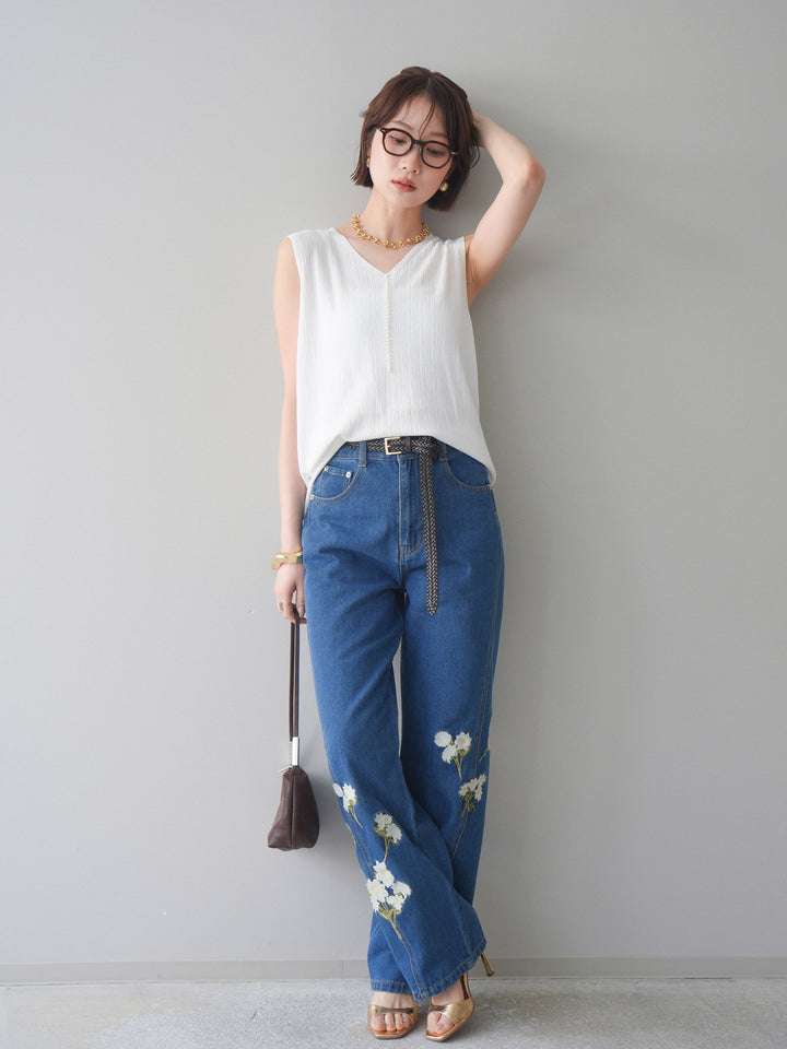 [SET]パールデザインVネックニットトップス+フラワー刺繍ストレートデニム(2set)