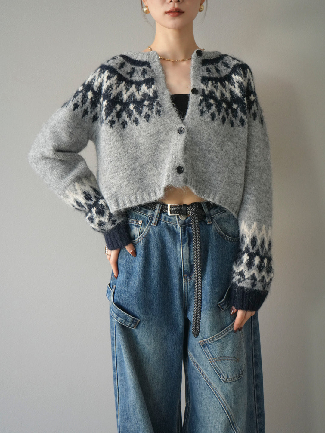 【着回しセット】[SET]求心柄クロップドニットカーディガン+ミックスヤーンペイズリー柄ニットカーディガン+ペインターカーブデニムパンツ(3set)