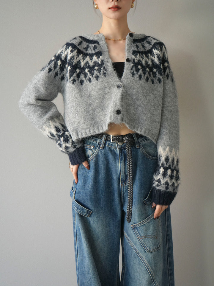 【着回しセット】[SET]求心柄クロップドニットカーディガン+ミックスヤーンペイズリー柄ニットカーディガン+ペインターカーブデニムパンツ(3set)