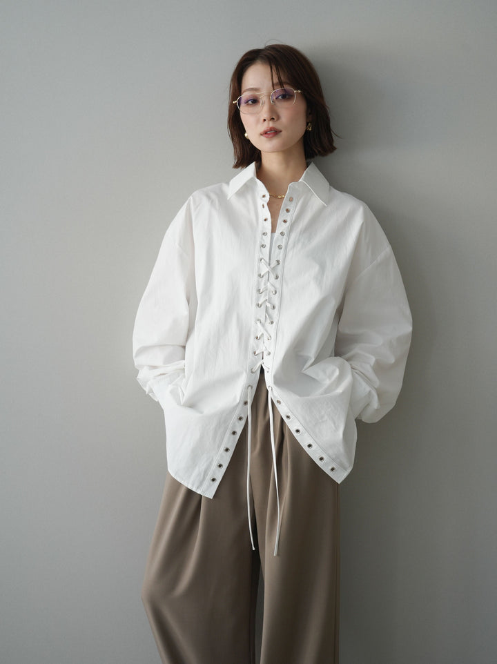 [SET]レースアップブロードシャツ+ベルト付キーホルダーモチーフワイドパンツ(2set)