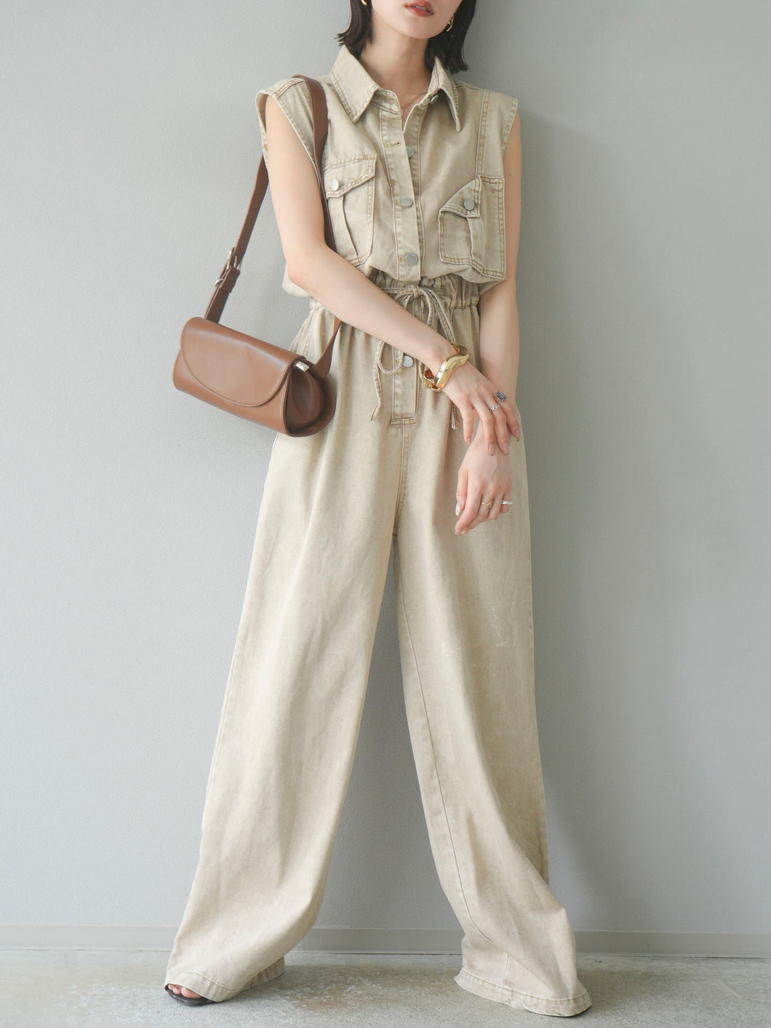 [予約]ポケットデザインデニムオールインワン/キャメル