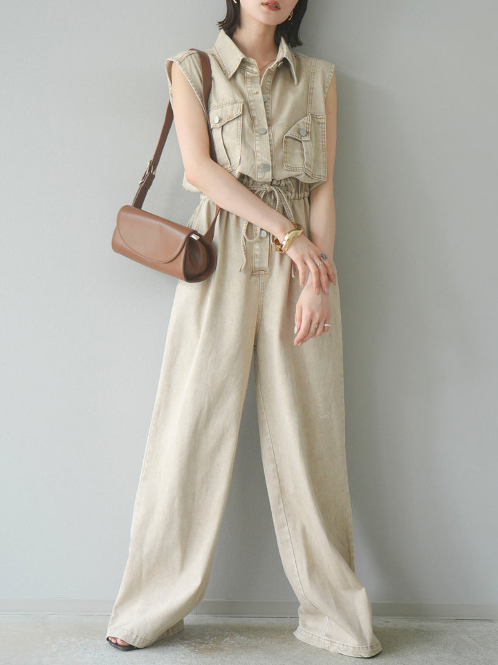 [予約]ポケットデザインデニムオールインワン/キャメル