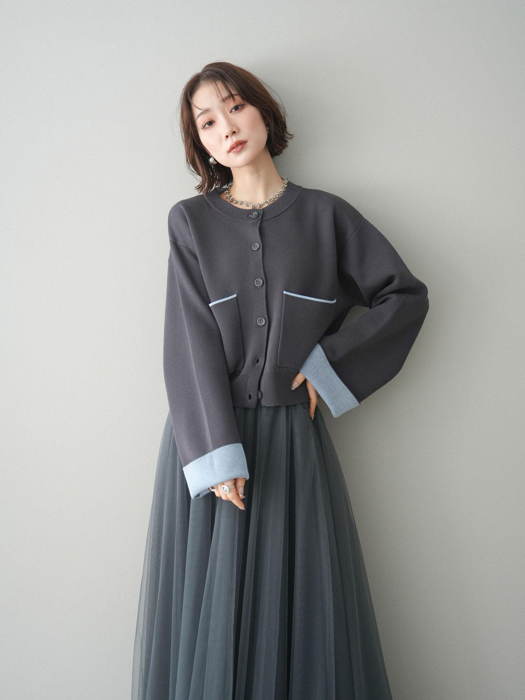 [SET]レーヨンポリダブルフェイスニットカーディガン+チュールボリュームスカート(2set)