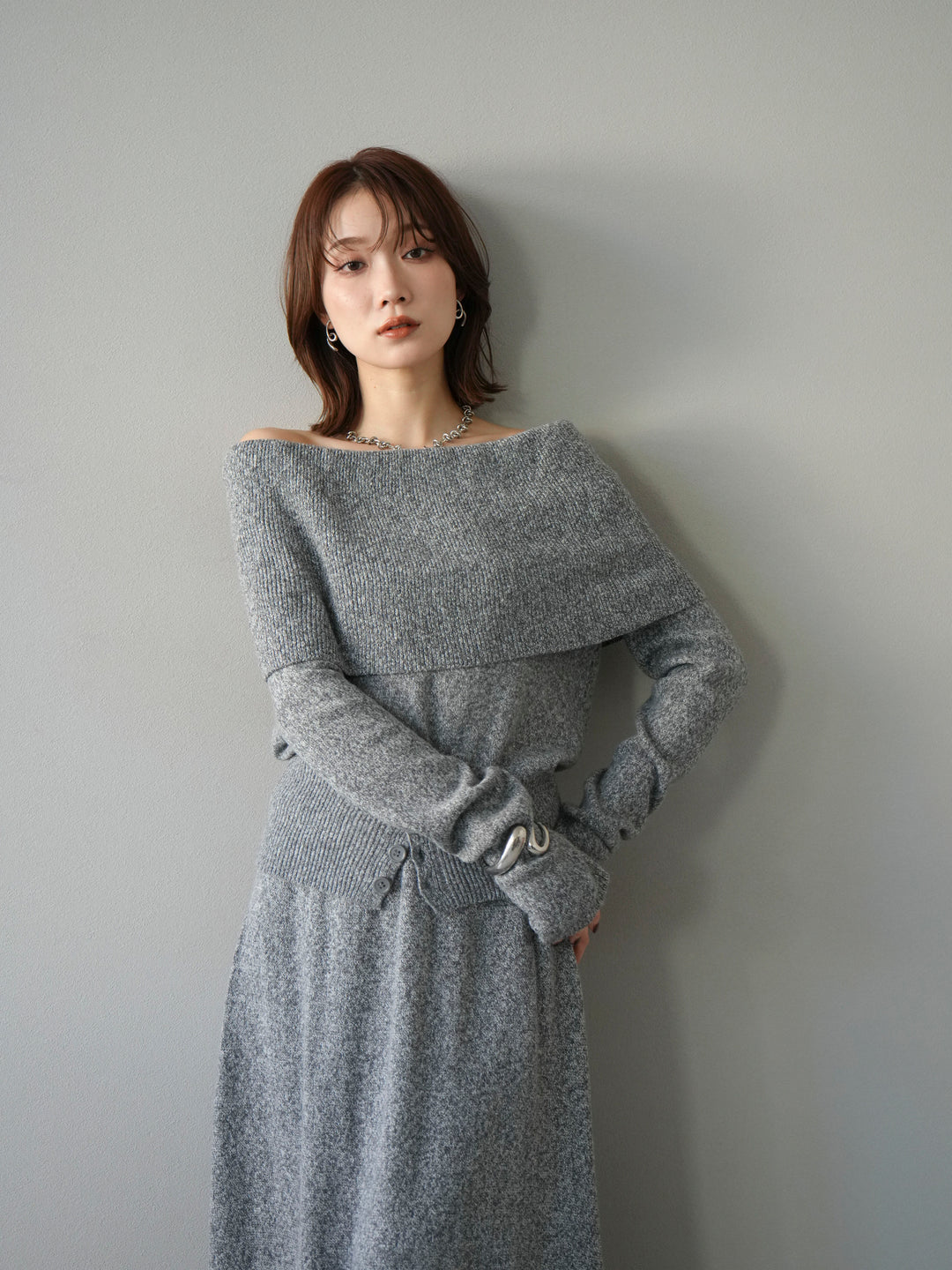 [予約]ミックスヤーンオフショルニットプルオーバー/グレー