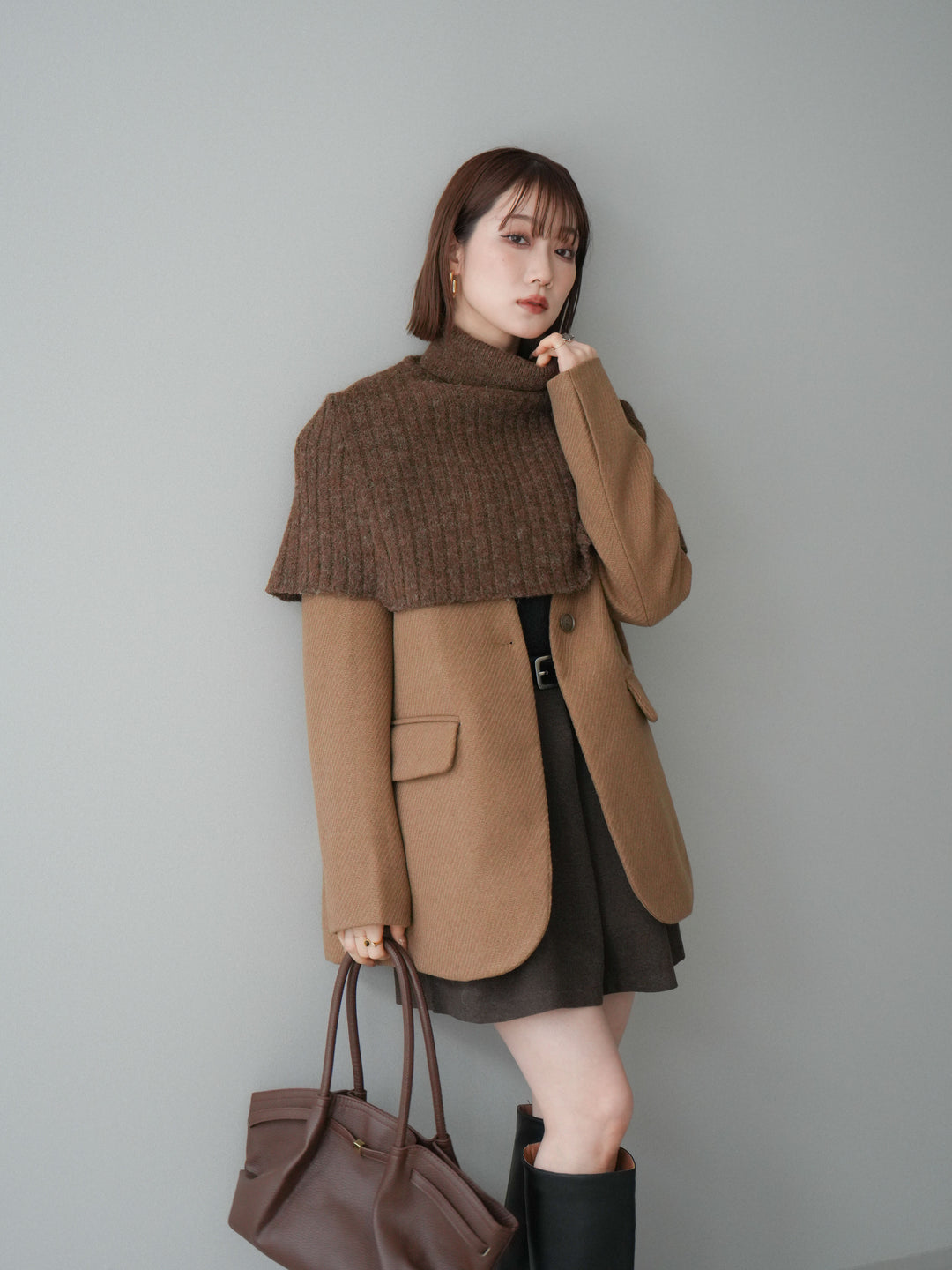 [20%オフ]ケープ付ノーカラージャケット/brown