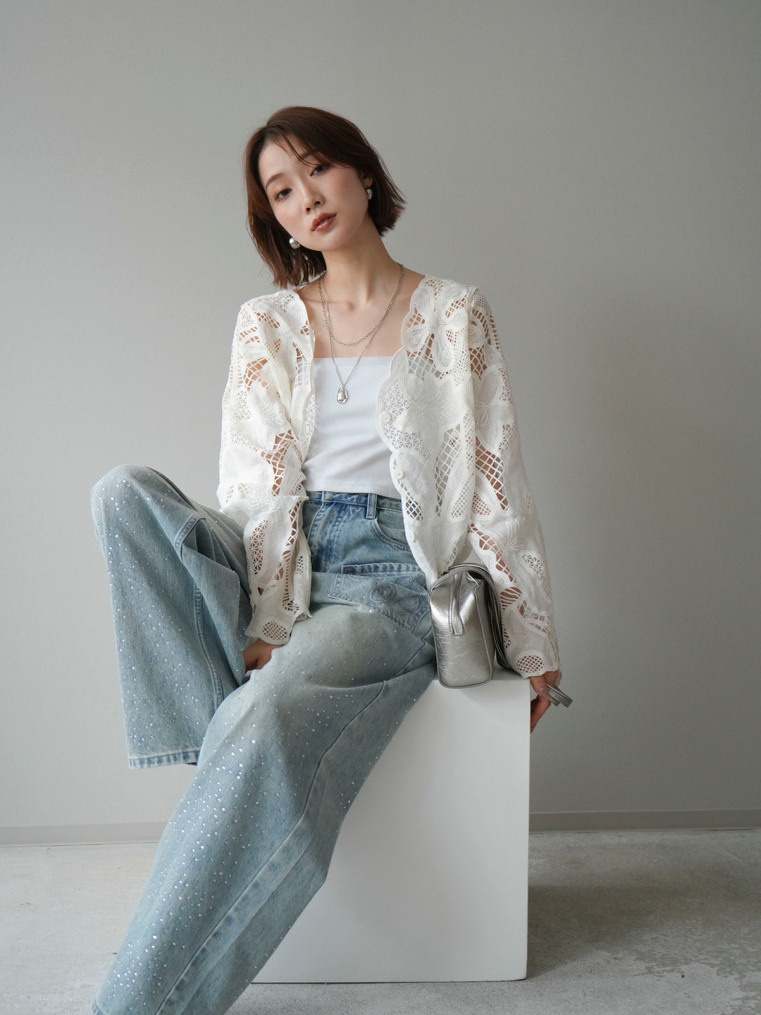 [予約]立体レーススカラップブラウス/white