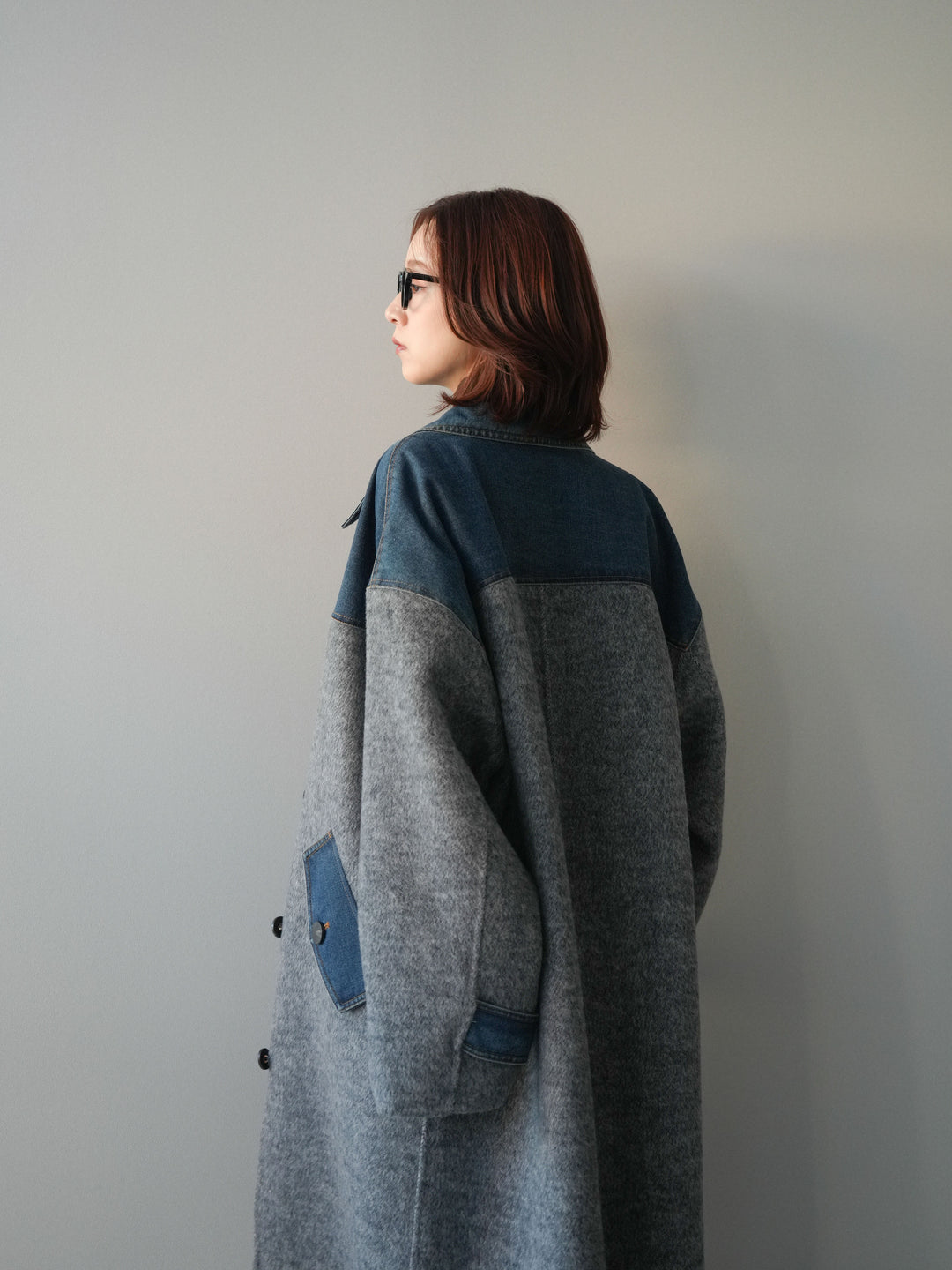 [SET]デニム切替シャギーステンカラーコート+ウールタッチベルト付ミニスカート(2set)
